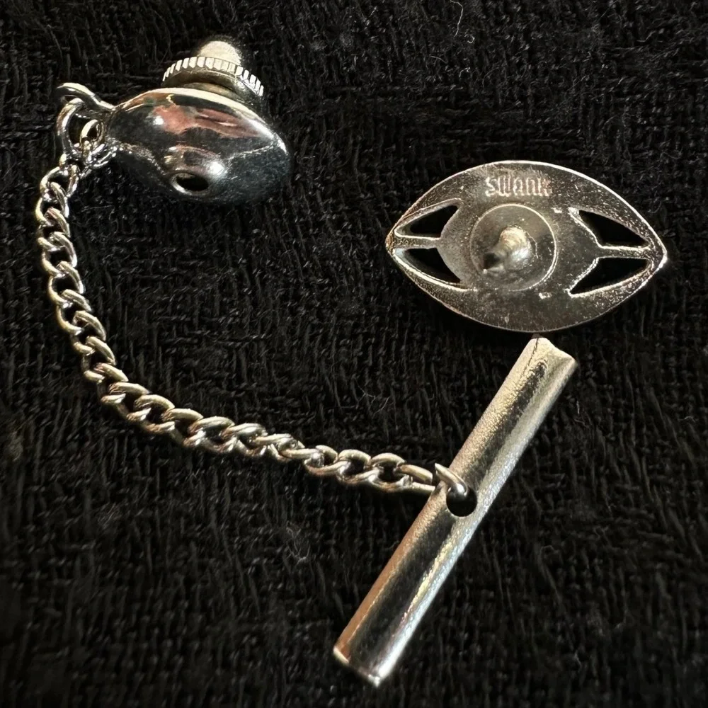 Swank Tie Tack Mens Silver‎ Tone Black Vintage Marquise Faux Onyx Chain